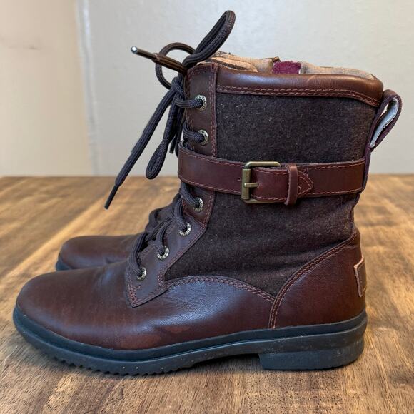 UGG Kesey Boot Leather Lace Up Shearling Lined Waterproof Chestnut Brown Size 7 - Picture 5 of 10